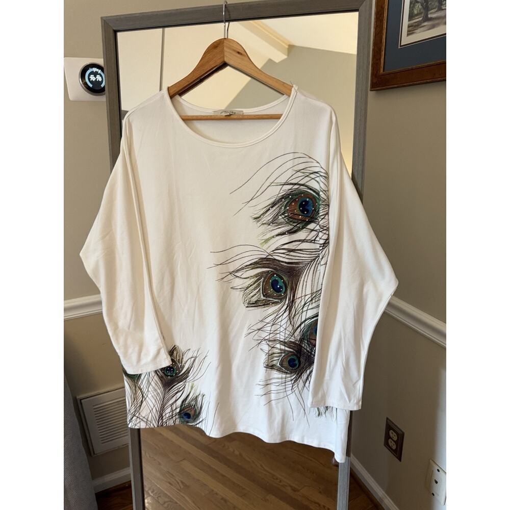 Astrologie White Knit Pullover Large Rhinestone Peacock